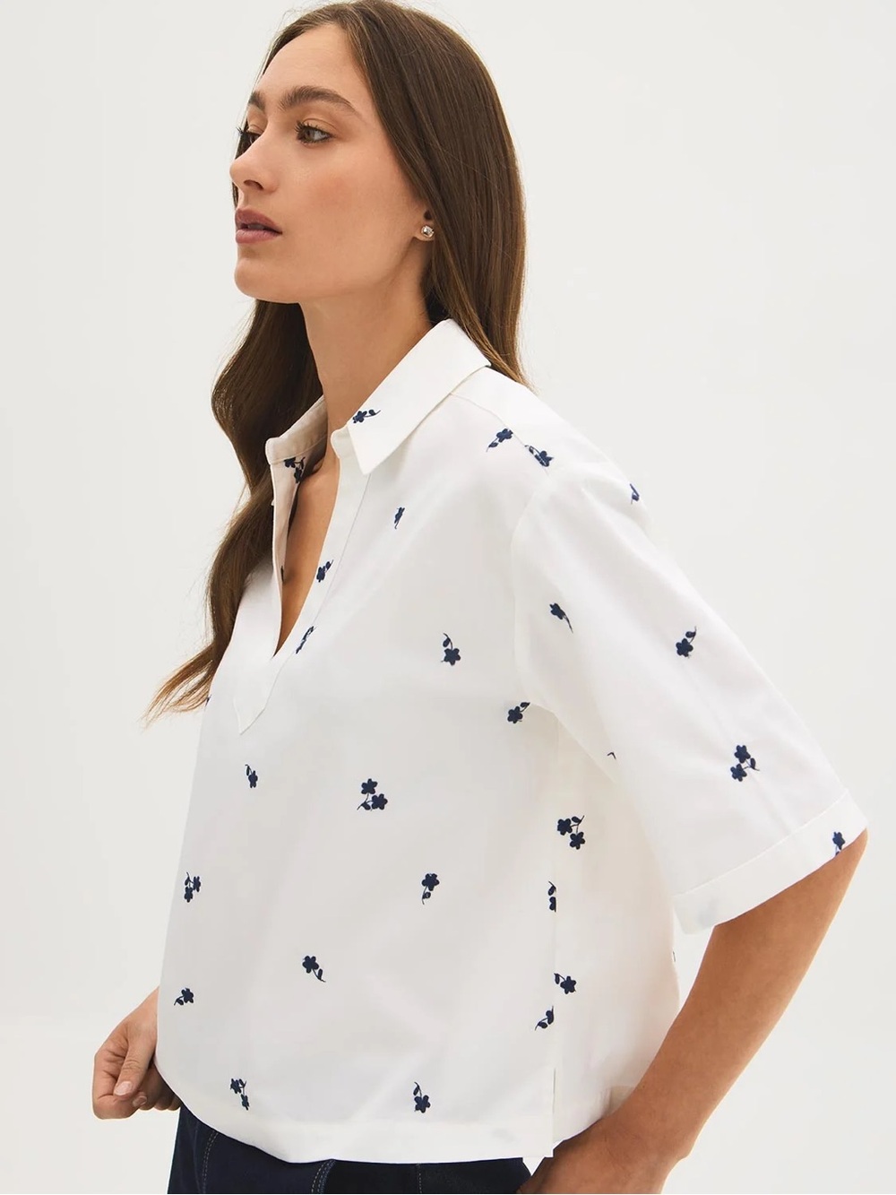 Chaps White V-Neck Tunic with Navy Floral Embroidery